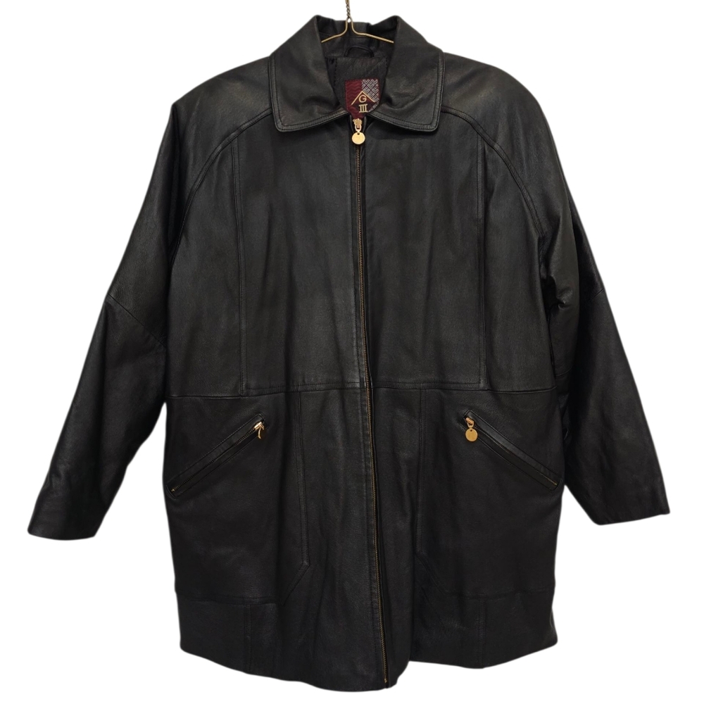 Vintage G-III, Men's Black 100% Genuine Leather Trench Coat Size 1X